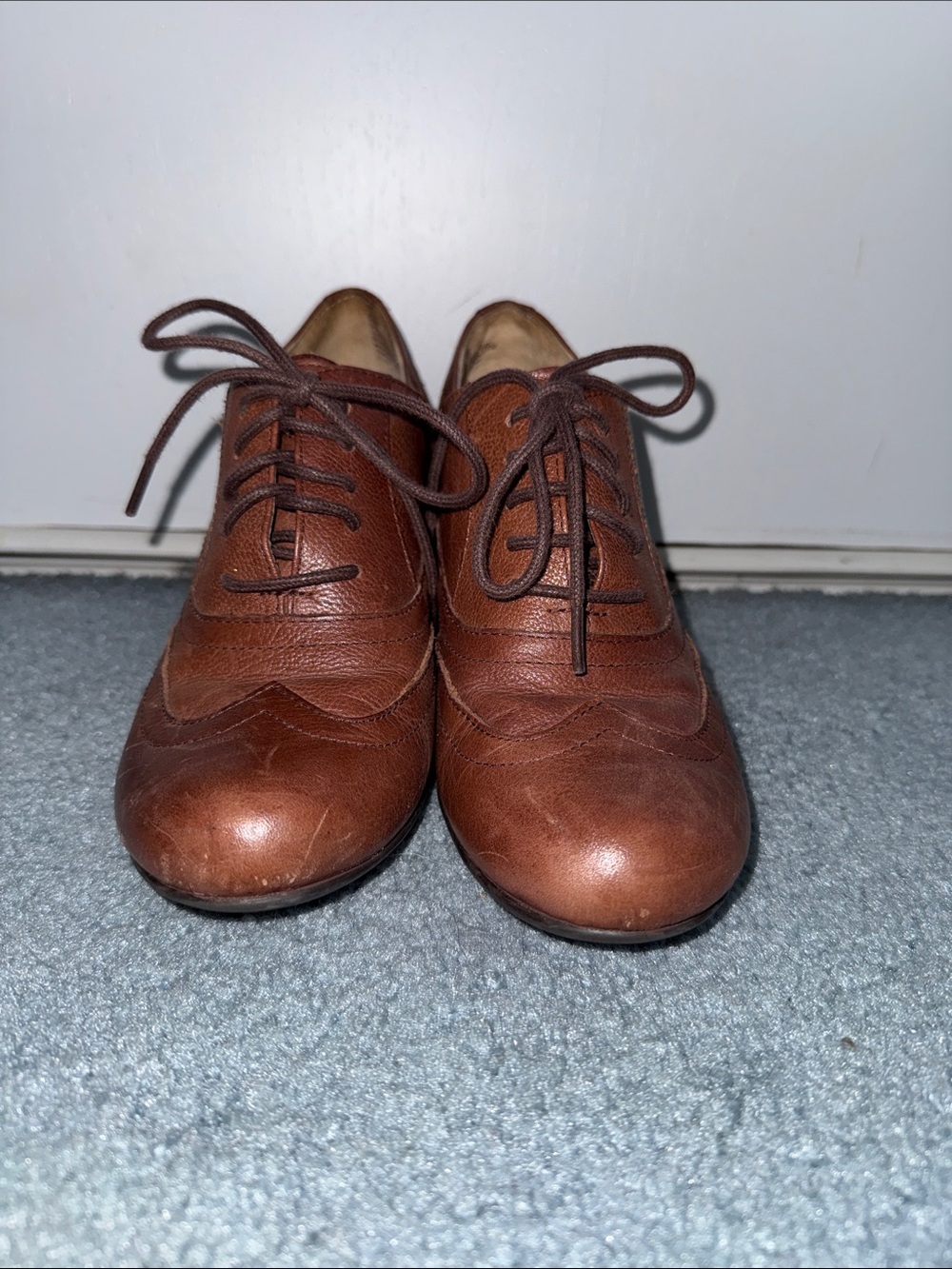 Women's Brown Leather Lace-Up Wingtip Ankle Heeled Booties